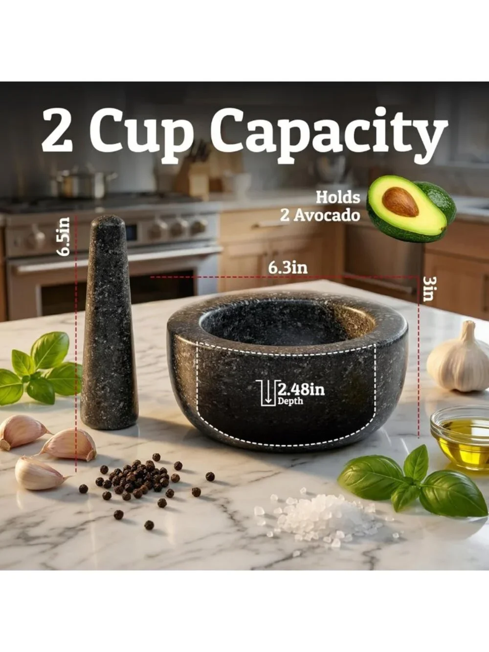 Large 2-Cup Granite Mortar and Pestle Set - Heavy Duty Stone Grinder for Spices